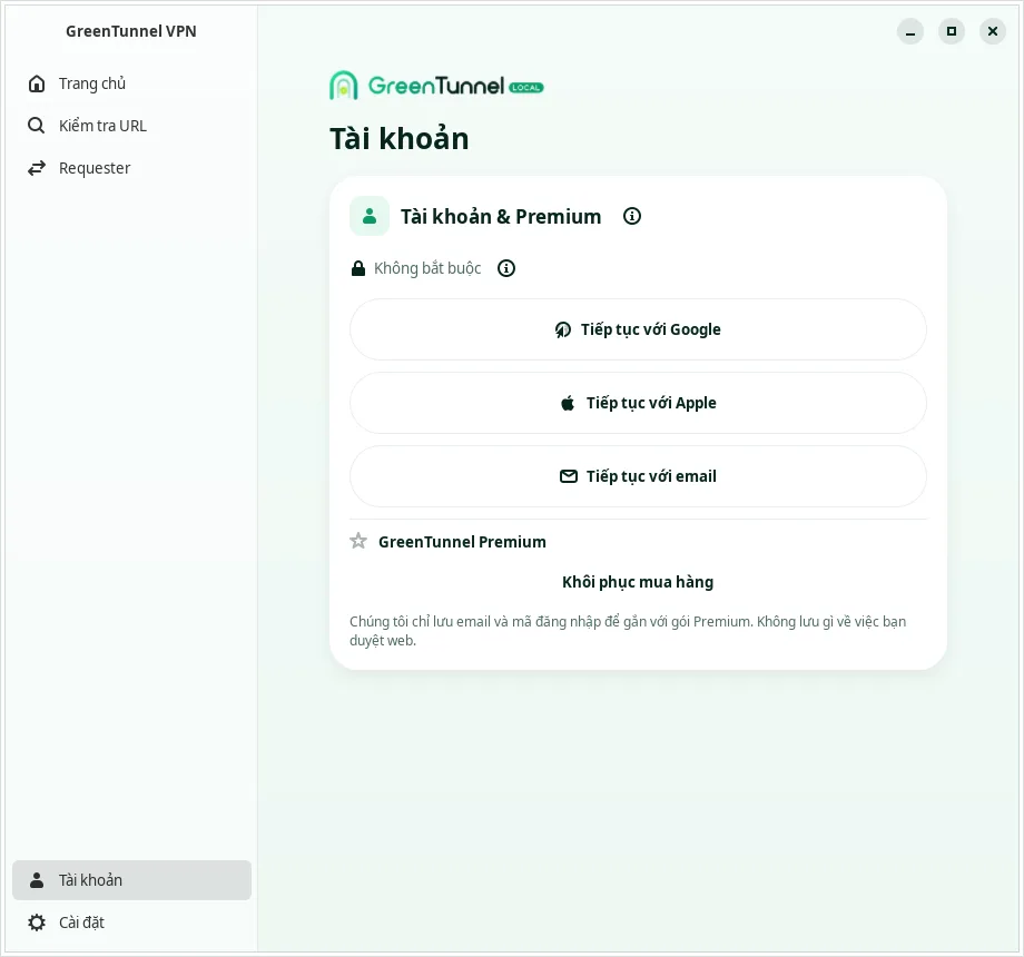 Trang Tài khoản trên Linux với các nút Tiếp tục với Google, Apple, email và Khôi phục mua hàng