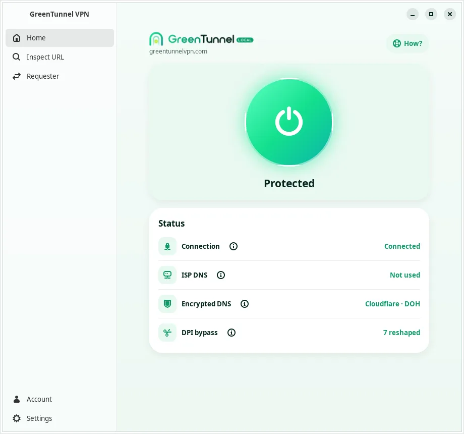 GreenTunnel home on Linux while protected: green power button, Protected, Connected, ISP DNS not used, encrypted DNS Cloudflare DoH