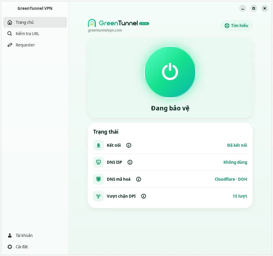 Trang chủ GreenTunnel trên Linux khi đang bảo vệ: nút nguồn màu xanh, dòng Đang bảo vệ, Đã kết nối, DNS ISP không dùng, DNS mã hoá Cloudflare DoH