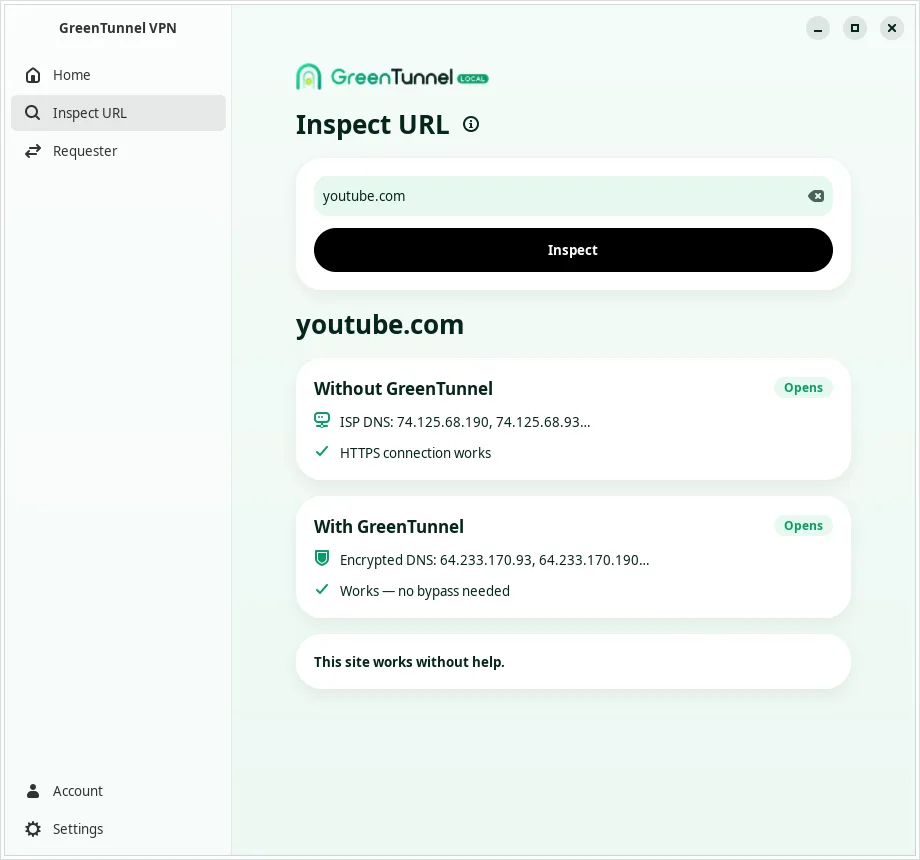 Inspect URL for youtube.com on Linux: it opens both without and with GreenTunnel