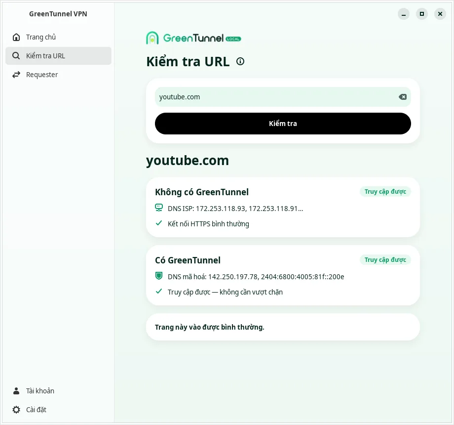 Kiểm tra URL với youtube.com trên Linux: không có GreenTunnel và có GreenTunnel đều truy cập được