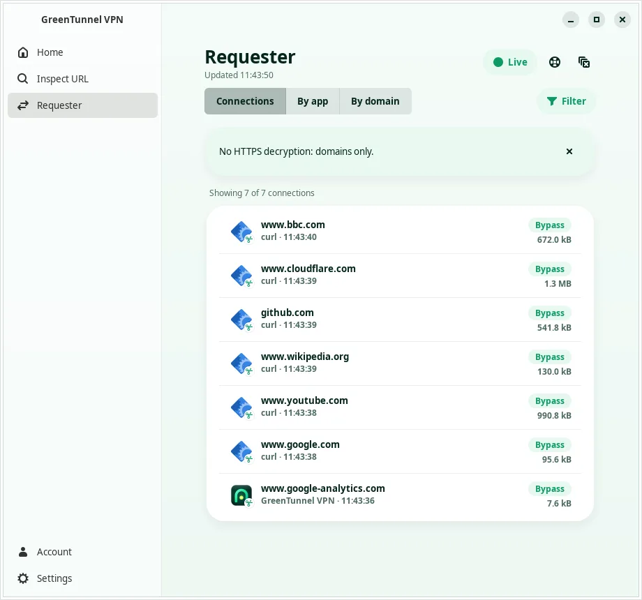 Requester on Linux: connections to google.com, github.com, youtube.com and others with the program name and a Bypass tag