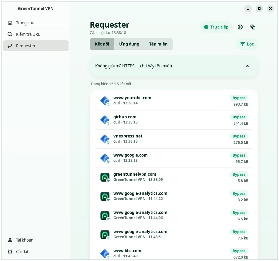 Requester trên Linux: các kết nối tới google.com, github.com, youtube.com cùng tên chương trình và nhãn Bypass