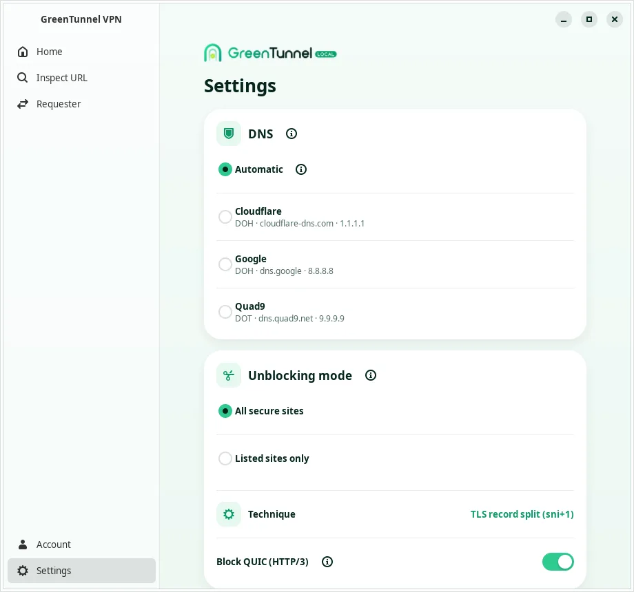GreenTunnel Settings on Linux: the DNS section with Automatic, Cloudflare, Google, Quad9, and the Unblocking mode section