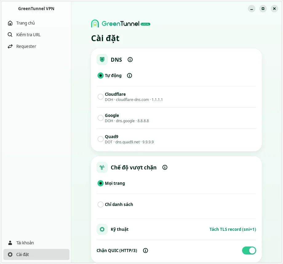 Cài đặt của GreenTunnel trên Linux: mục DNS với Tự động, Cloudflare, Google, Quad9 và mục Chế độ vượt chặn