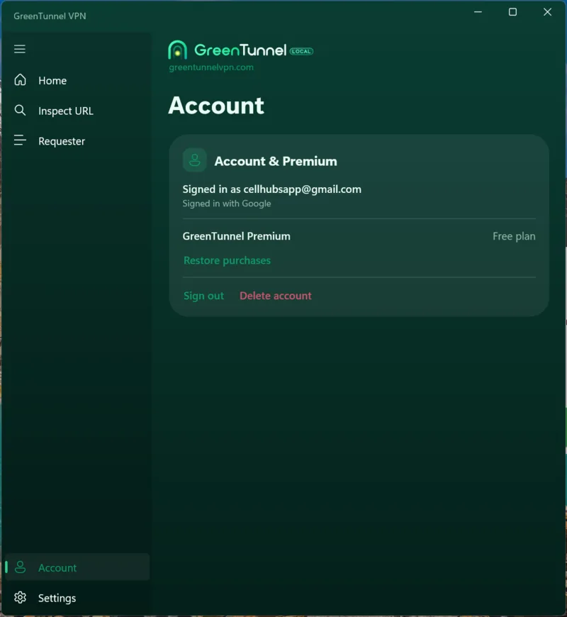 The Account page on Windows after signing in with Google, with GreenTunnel Premium on the free plan, Restore purchases, Sign out and Delete account