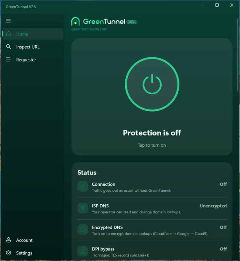 GreenTunnel home on Windows with protection off: the power button, Protection is off, Tap to turn on, and the Status card