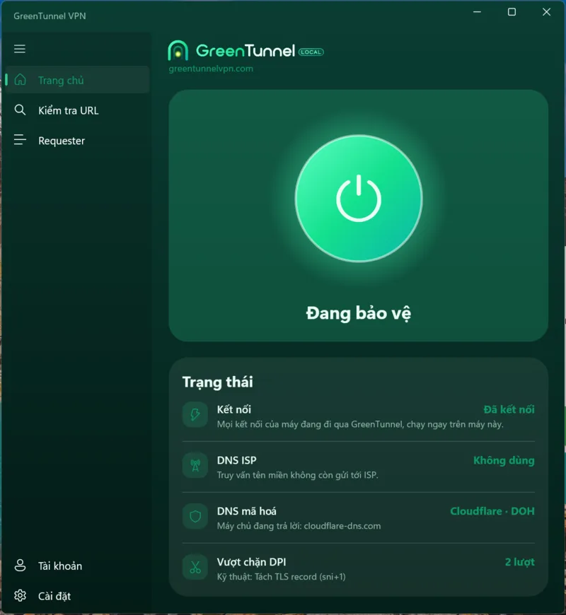 Trang chủ GreenTunnel khi đang bảo vệ: nút nguồn màu xanh, dòng Đang bảo vệ, Đã kết nối, DNS ISP không dùng, DNS mã hoá Cloudflare DoH