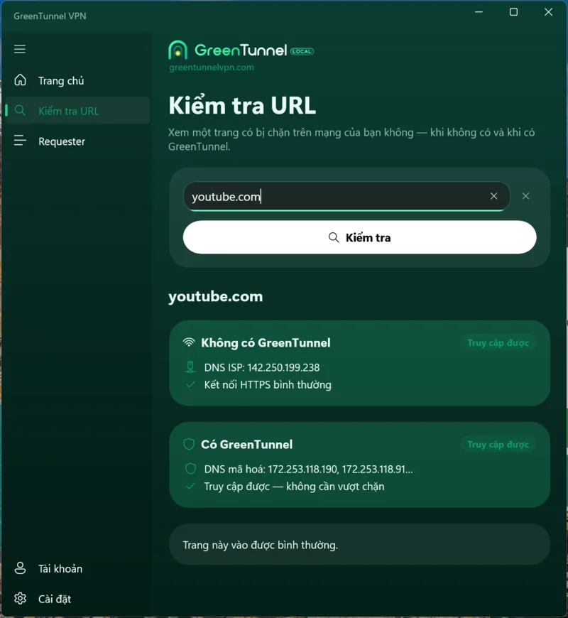 Kiểm tra URL với youtube.com: không có GreenTunnel và có GreenTunnel đều truy cập được