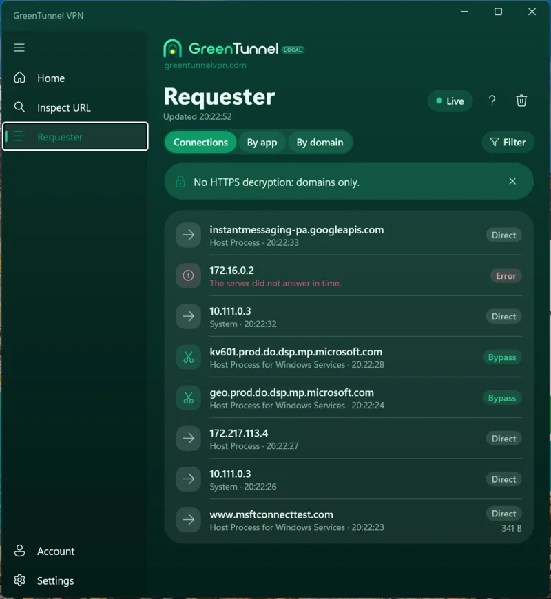 Requester on Windows: a list of connections with domain, app name, time and a Direct or Bypass tag