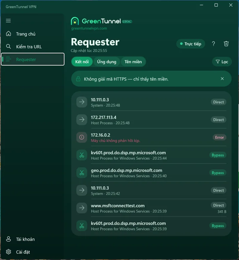 Requester trên Windows: danh sách kết nối với tên miền, tên ứng dụng, giờ và nhãn Direct hoặc Bypass
