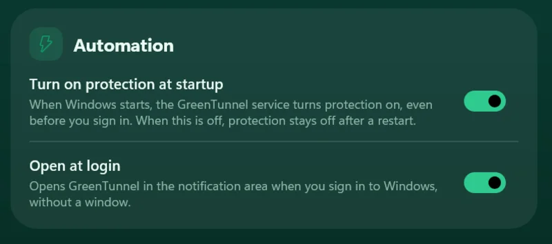 The Automation section in Settings with Turn on protection at startup and Open at login both on