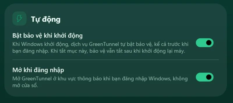Mục Tự động trong Cài đặt với hai công tắc Bật bảo vệ khi khởi động và Mở khi đăng nhập đều đang bật