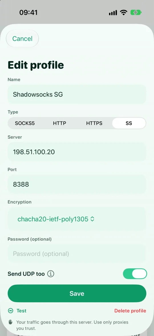 The profile editor set to Shadowsocks, with server, port 8388, the encryption picker, a password field and the Send UDP too switch turned on