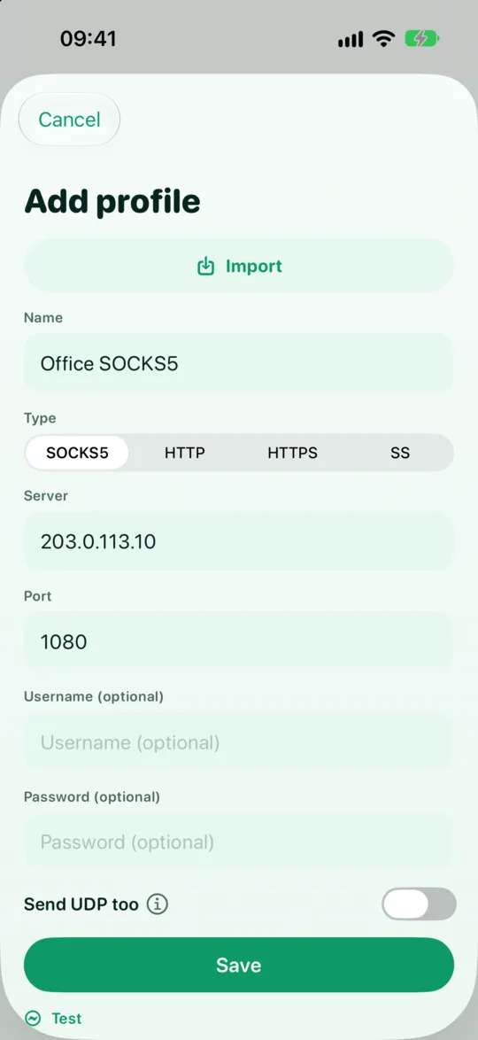 The profile editor set to SOCKS5, with name, server, port, username and password fields