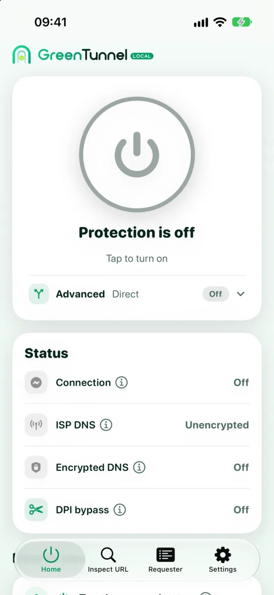 GreenTunnel home screen with the VPN off: a white round power button with a mint ring