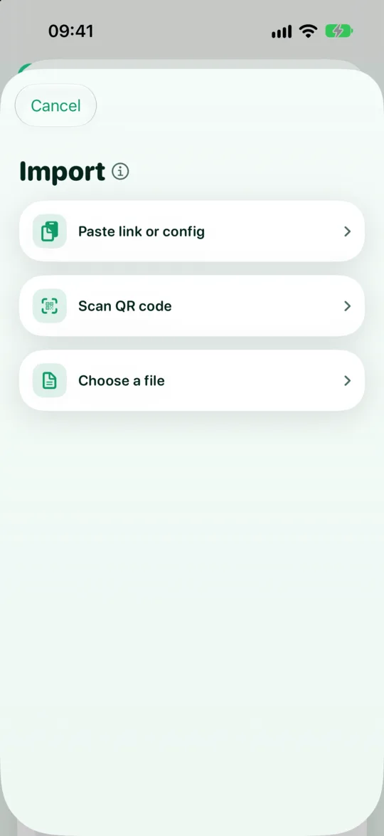 The Import sheet with three options: paste link or config, scan QR code, choose a file