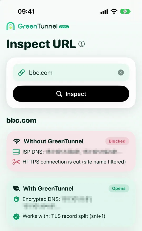Inspect URL result for a blocked site: the Without GreenTunnel card is tagged Blocked, the With GreenTunnel card is tagged Opens with the technique used