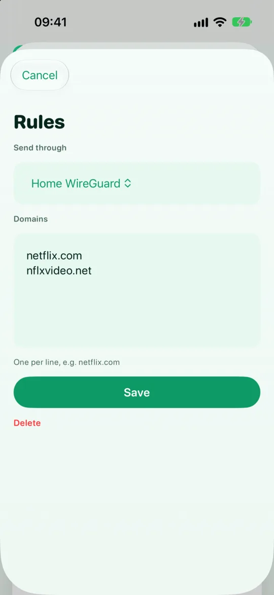 The rule editor with a demo WireGuard profile as target and a list of domains, one per line