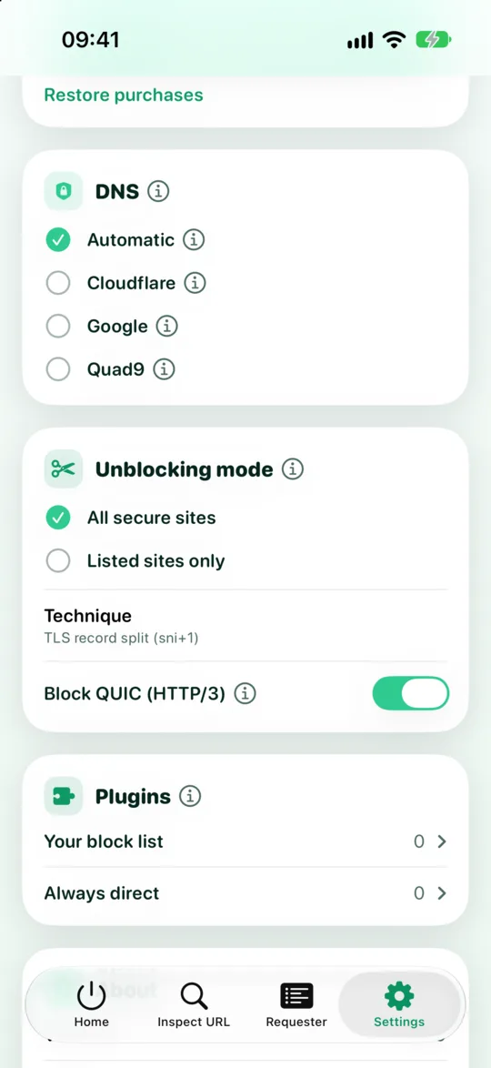 GreenTunnel settings, DNS section with Automatic, Cloudflare, Google and Quad9, each row showing protocol, host and IP