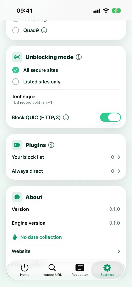 GreenTunnel settings, unblocking section with the mode, the technique and the Block QUIC (HTTP/3) switch