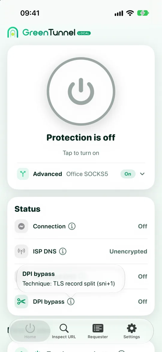 Status card on the home screen with an ⓘ tip open, explaining which encrypted DNS server is answering