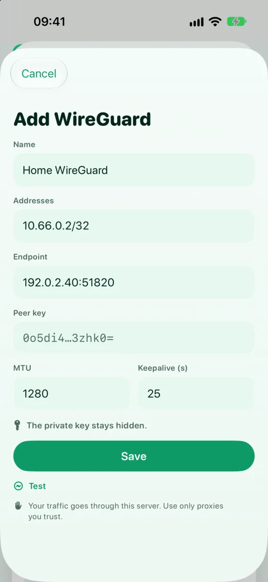 GreenTunnel's WireGuard editor after import: the Addresses field holds a single IPv4 address, 10.66.0.2/32, and the private key stays hidden