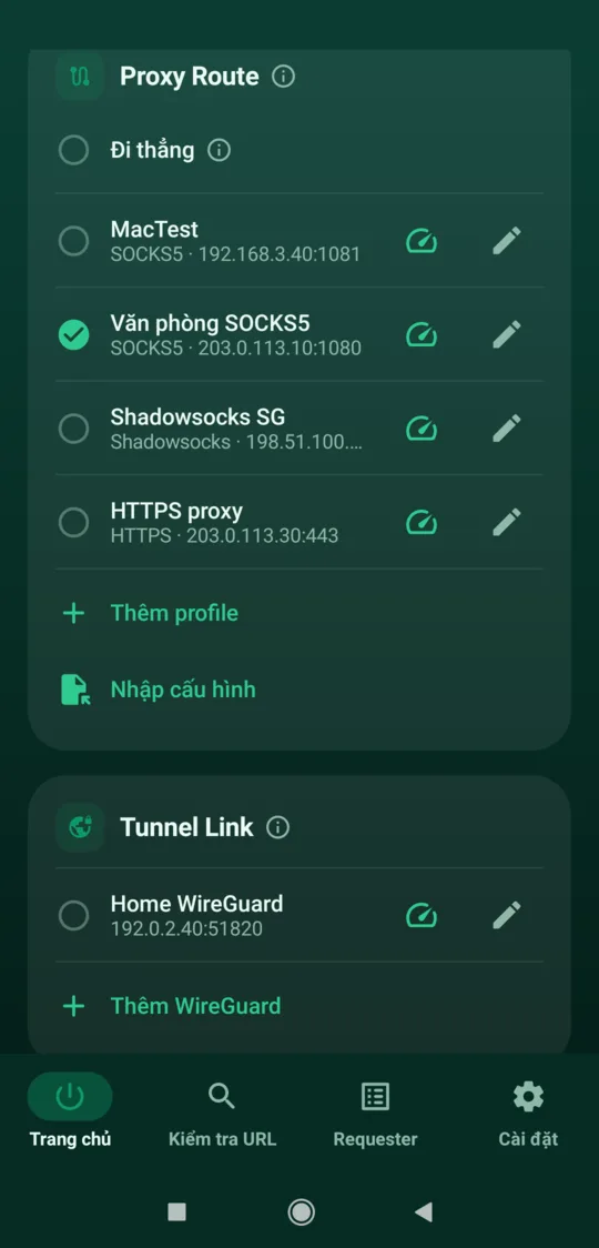 Màn hình Nâng cao với mục Proxy Route chứa các profile mẫu và mục Tunnel Link