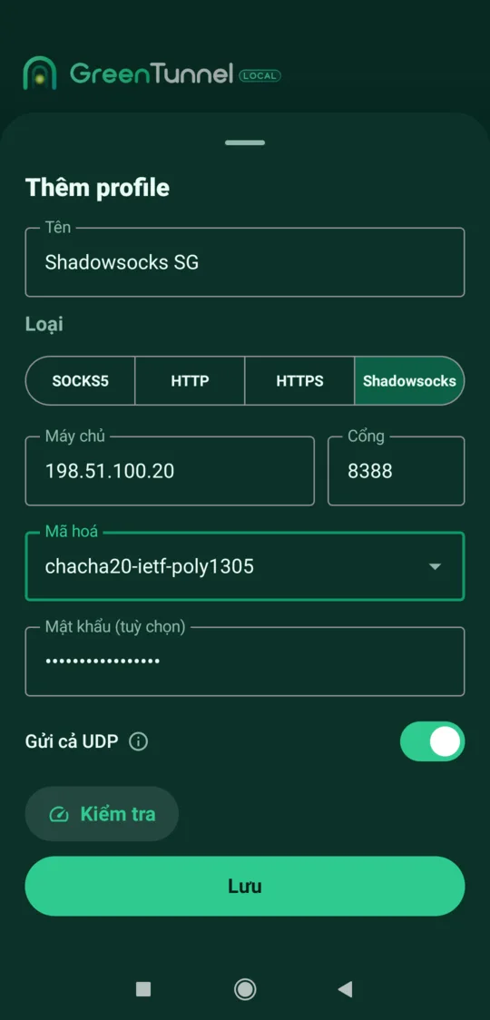 Trình chỉnh sửa profile loại Shadowsocks đang mở danh sách chọn kiểu mã hoá