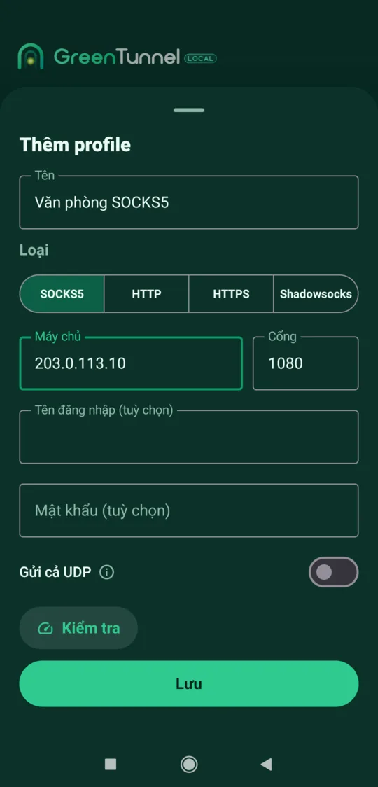 Trình chỉnh sửa profile loại SOCKS5 với máy chủ minh hoạ, cổng 1080, tên đăng nhập và mật khẩu tuỳ chọn