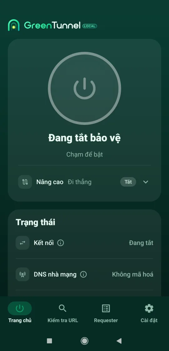 Màn hình chính GreenTunnel khi VPN đang tắt, nút nguồn tròn màu trắng viền xanh bạc hà