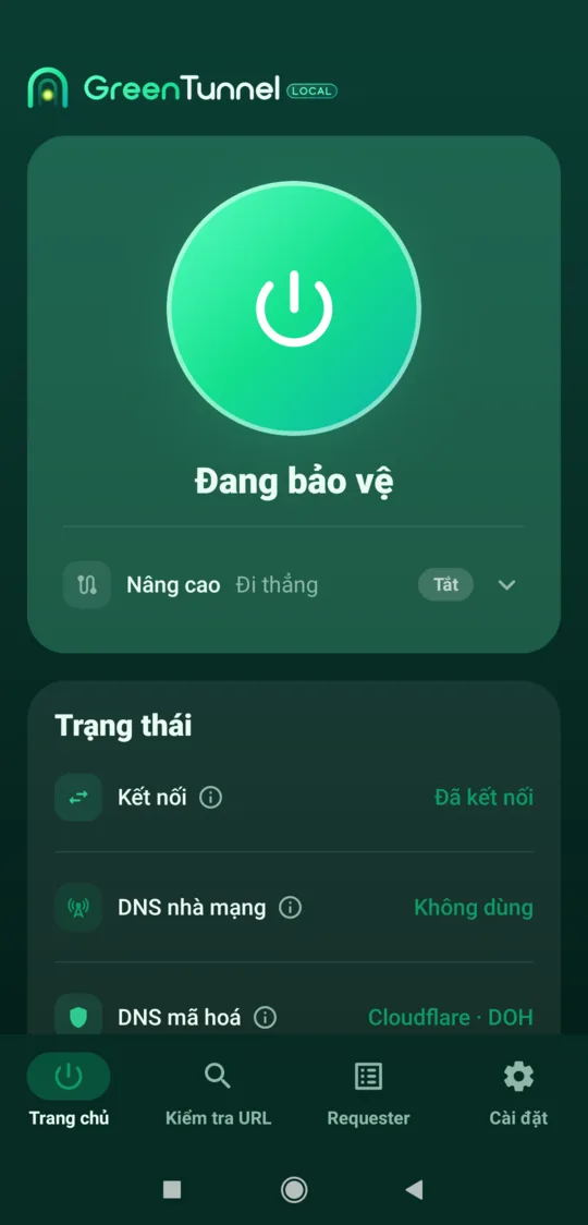 GreenTunnel home screen with protection on, the Advanced card set to Direct and the Status card showing Connected, ISP DNS not used and Cloudflare DoH as encrypted DNS
