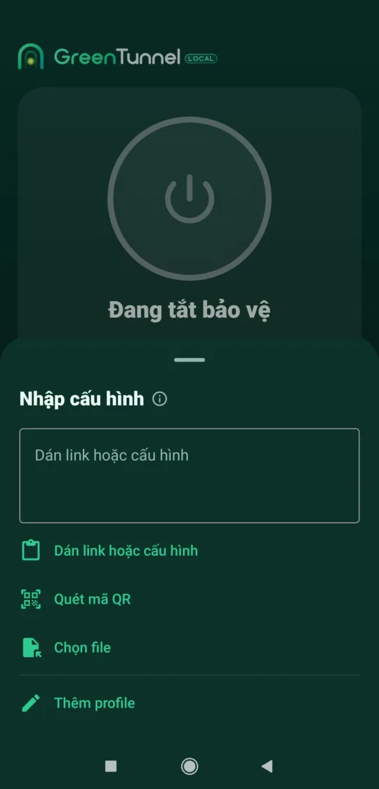 Bảng Nhập cấu hình với ba lựa chọn: dán link hoặc cấu hình, quét mã QR, chọn file