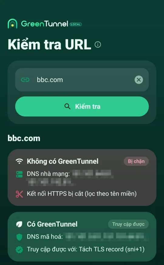 Kết quả Kiểm tra URL cho một trang bị chặn: thẻ Không có GreenTunnel gắn nhãn Bị chặn, thẻ Có GreenTunnel gắn nhãn Truy cập được cùng kỹ thuật đã dùng