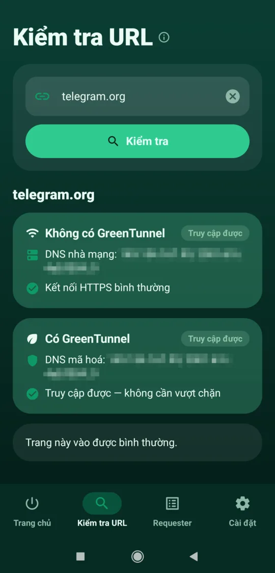 Kết quả Kiểm tra URL cho một trang vào được bình thường, cả hai thẻ đều gắn nhãn Truy cập được
