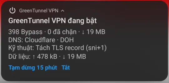 GreenTunnel's expanded Android notification with bypass and block counts, DNS, technique, data used and the Pause 15 min and Turn off buttons