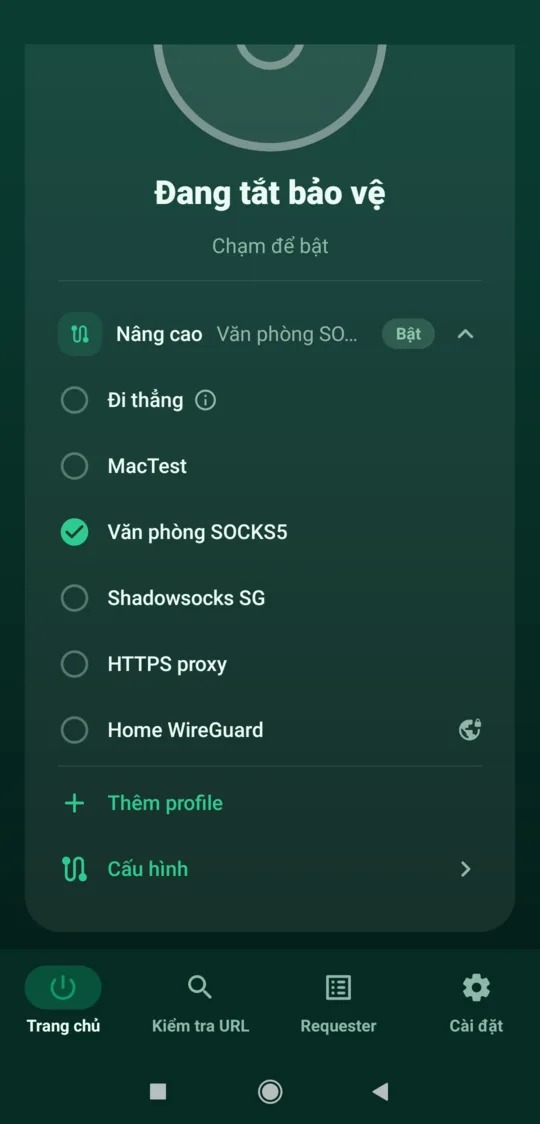 Thẻ Nâng cao mở rộng dưới nút nguồn, với lựa chọn Đi thẳng và vài profile proxy mẫu
