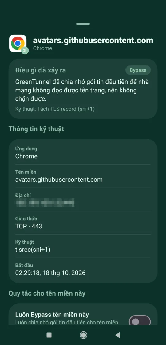 A connection's details in Requester, tagged Bypass, with the technique that was applied