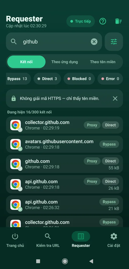 Requester list with HTTPS connections over TCP tagged Bypass