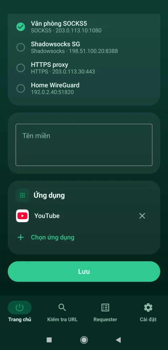 The rule editor on Android with one app selected and a demo office proxy profile as target