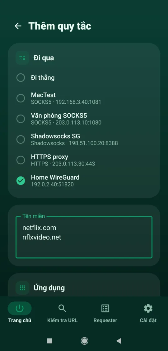 Trình chỉnh sửa quy tắc với đích là một profile WireGuard mẫu và danh sách tên miền, mỗi dòng một tên
