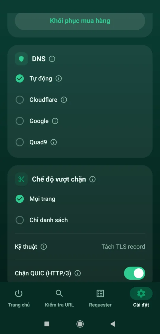 Cài đặt GreenTunnel, phần DNS với các lựa chọn Tự động, Cloudflare, Google và Quad9, mỗi dòng ghi loại giao thức, tên máy chủ và IP