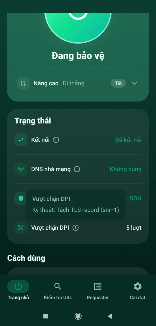 Thẻ Trạng thái trên màn hình chính với chú thích ⓘ đang mở, giải thích máy chủ DNS mã hoá đang trả lời