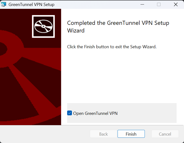 نصب GreenTunnel VPN تمام شد، با گزینهٔ باز کردن GreenTunnel VPN علامت‌خورده