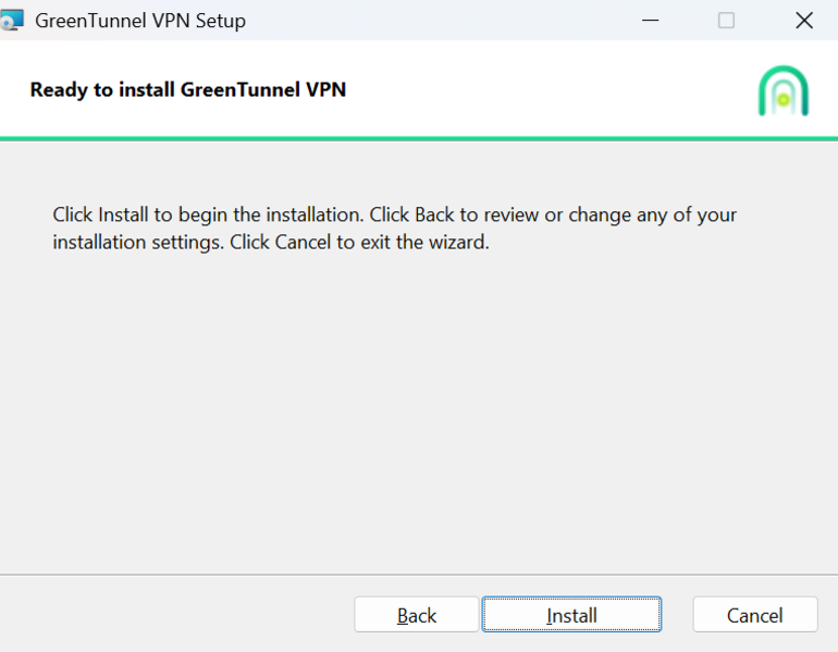Ready to install GreenTunnel VPN page with the Install button