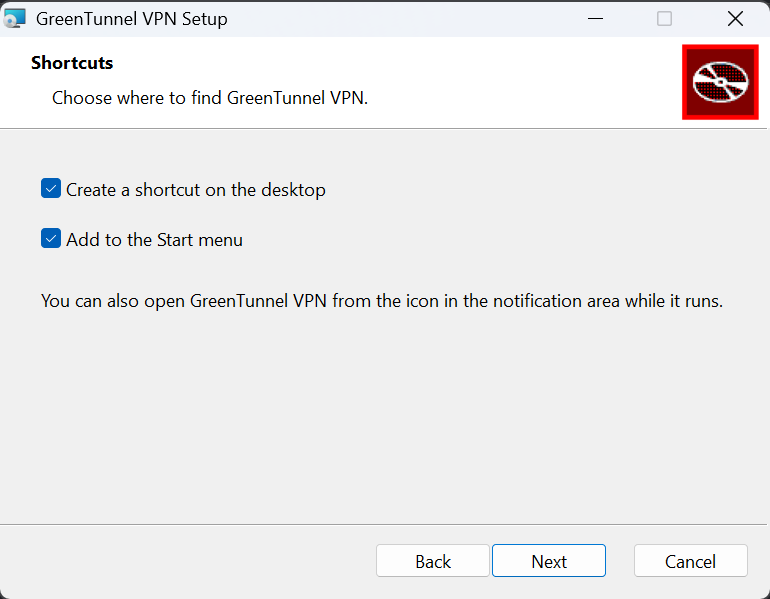 نصب GreenTunnel VPN، صفحهٔ میانبرها با گزینه‌های ساخت میانبر روی دسکتاپ و افزودن به منوی Start علامت‌خورده