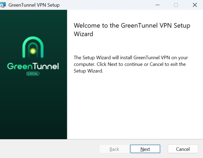GreenTunnel VPN Setup welcome page, with the GreenTunnel logo on a dark green panel on the left