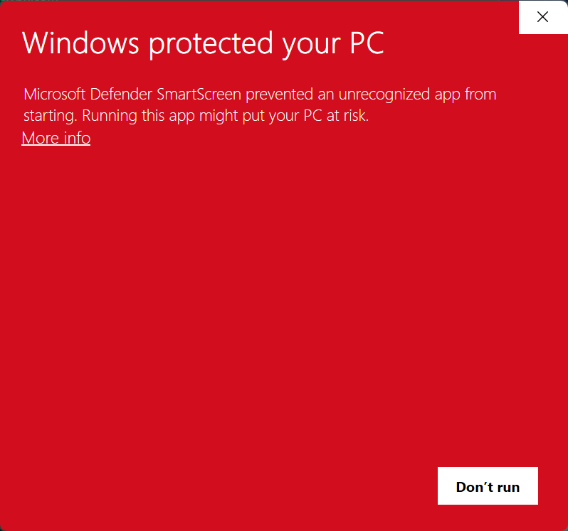پنجرهٔ Microsoft Defender SmartScreen با عنوان Windows از رایانهٔ شما محافظت کرد، همراه با پیوند اطلاعات بیشتر